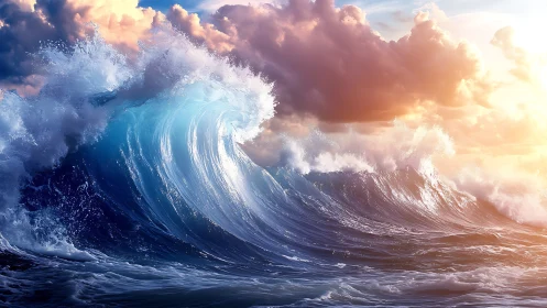 Sunlit ocean waves rising beneath glowing storm clouds.