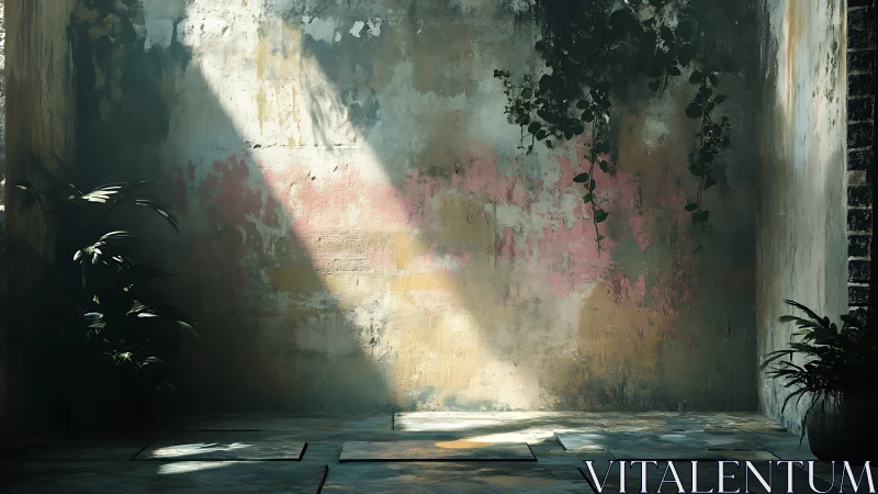 Sunlit weathered courtyard wall with plants and shadows.