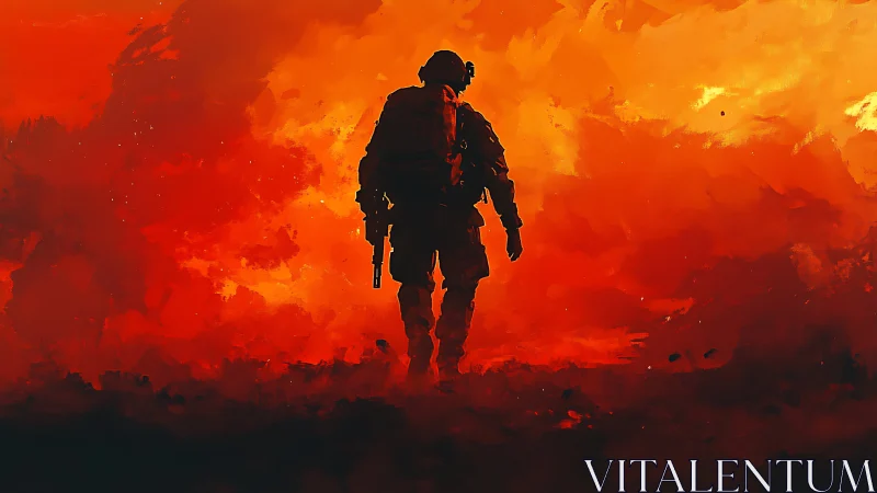 Lone soldier strides through blazing inferno of war-torn night