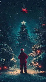 Snowy forest pauses while a child greets a flying toy sleigh