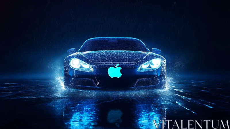 Neon-luminous electric coupe in cinematic rain simulation.