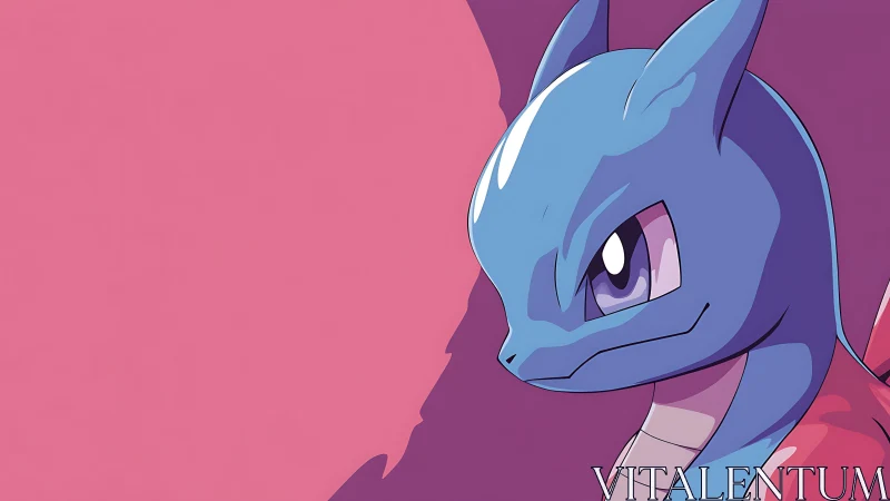 Blue dragon creature portrait set against bold pink field