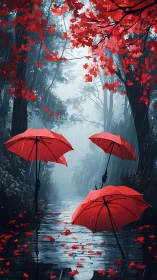 Crimson umbrellas drift gently through a quiet rainy forest