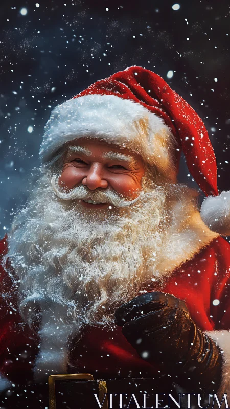 Festive Santa portrait in softly falling winter snowfall.