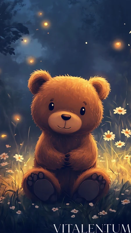 Firefly-circle teddy bear in dusk-lit daisy meadow.