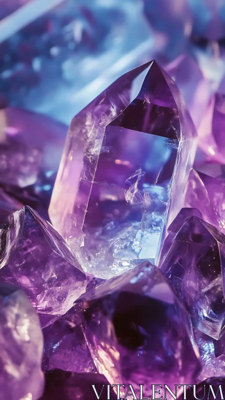 Macro amethyst crystal cluster under cool blue light.