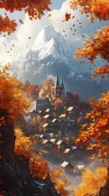 Mountain village is depicted beneath a snow-covered peak in autumn
