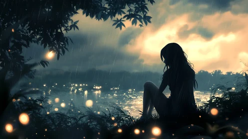 Digital painting of girl by rainy lakeside under glowing sky.