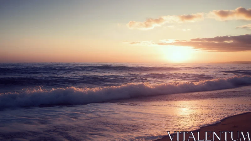 Golden sunset washes gentle waves in soft pastel light.