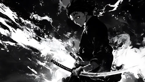 Monochrome anime swordsman amid swirling white energy.