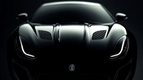 Low-key frontal study of glossy black performance coupé surface.