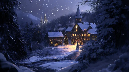 Snow-laden riverside lodge with illuminated tower and distant cathedral