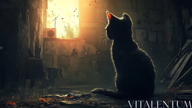 Curious black cat watching golden sunlight pour in.