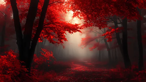 Crimson Enchantment: Breathtaking Autumn Forest in Mystical Red.