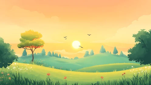 Sunrise over rolling hills with trees and distant birds.