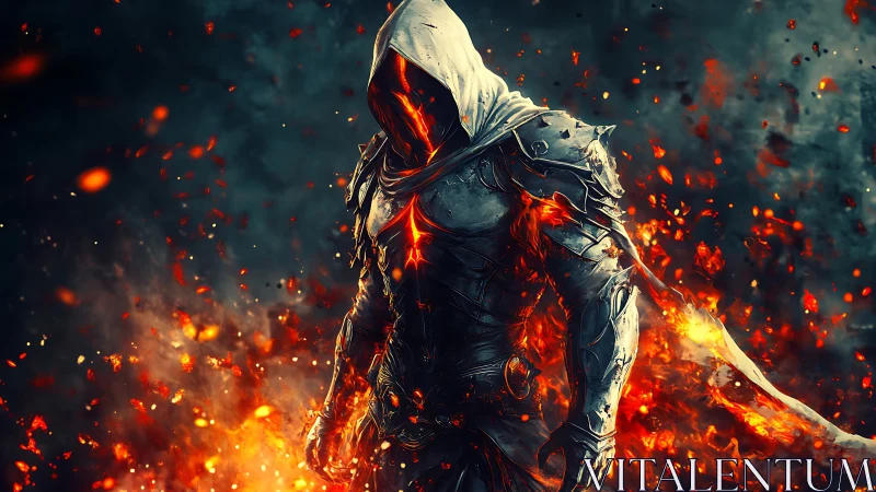 Hooded infernal warrior in molten armor amid dynamic embers.