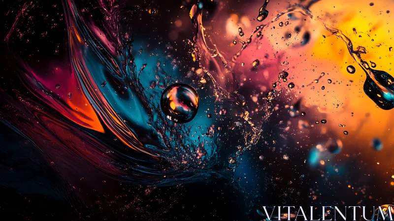 Chromatic liquid splash with neon bokeh and dynamic droplets.