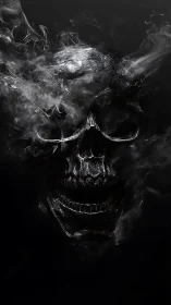 Smoky monochrome skull emerging from dark void.