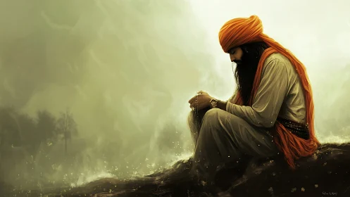 Solitary turbaned figure contemplates within golden mist.