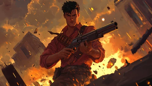 Armed soldier stands amid burning ruins and explosions.