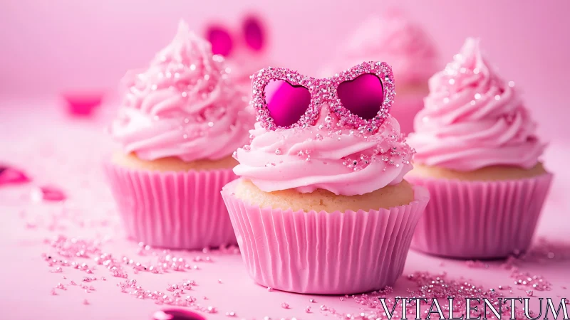Pink Frosted Cupcakes with Glittered Heart-Shaped Sunglasses Arrangement