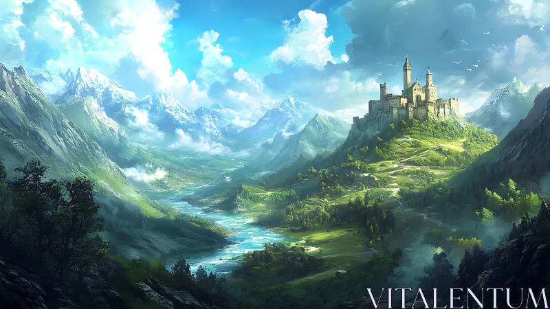 Mountain valley castle under bright sky in sunlight.