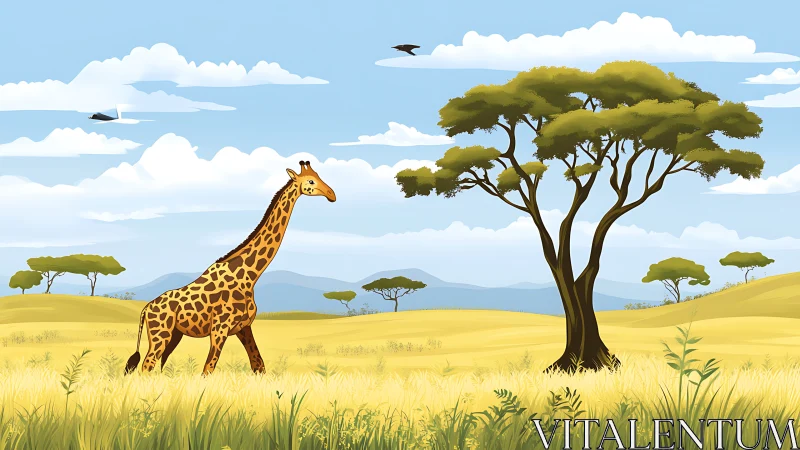 Gentle giraffe wanders through sunlit savanna grasslands