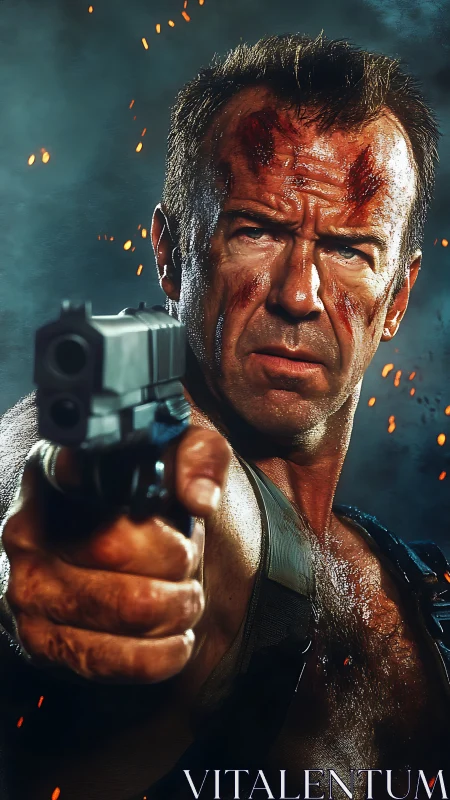 Injured armed man aiming handgun in close frontal view.