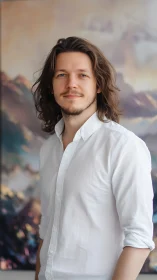 Relaxed young man before soft abstract landscape backdrop.