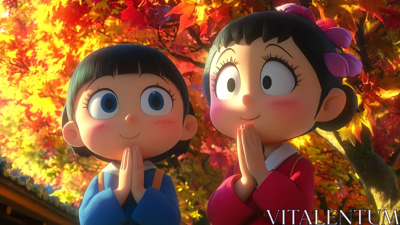 Autumn-lit anime girls share a quiet moment of gratitude.