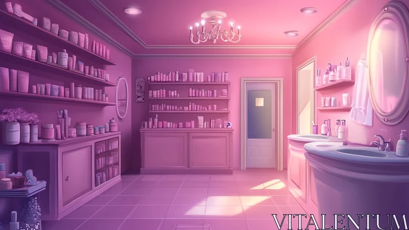 Serene pink vanity room glows with organized beauty products