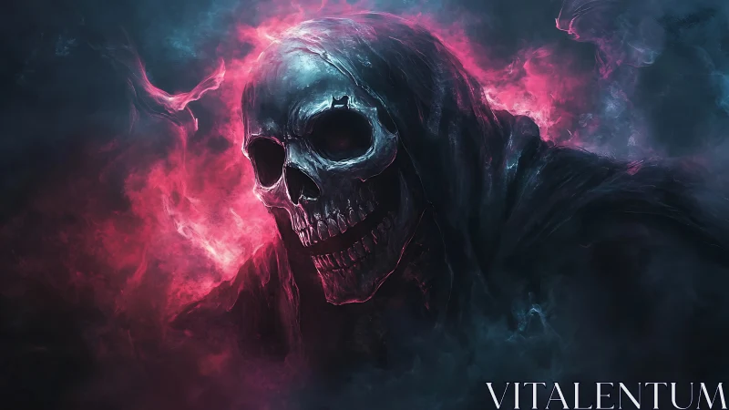 Hooded spectral skull emerges through neon magenta vapor clouds