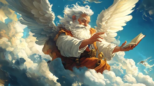 Winged elder reading in bright, cloud-filled sky scene.