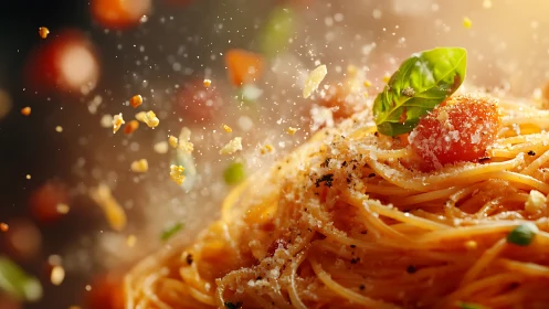 Spaghetti with tomato sauce under scattered garnish motion.