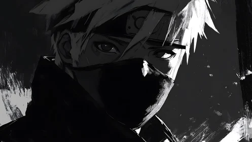 Masked dusk warrior carves himself from torn monochrome light