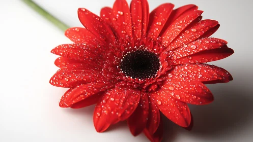 Bright red gerbera daisy glows with fresh dewdrop sparkle