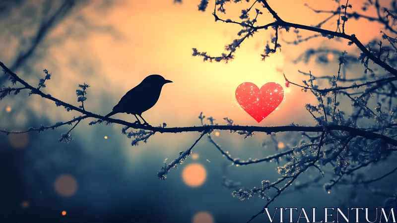 Bird silhouette perches on frost-covered branch at sunset with red heart symbol