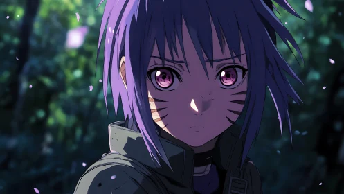 Serious purple haired anime girl in forest at dusk.