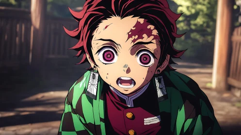 Shocked anime swordsman with scarred face in sunlit path.