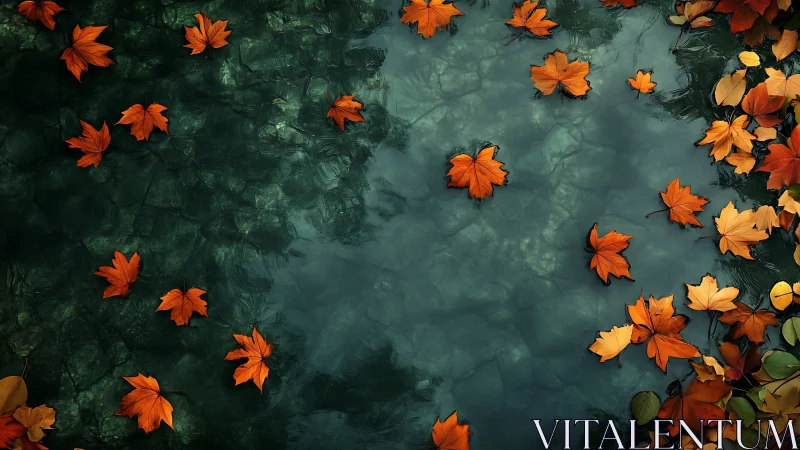 Autumn maple leaves drifting on crystalline pond surface.
