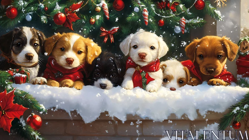 Puppies in red scarves by snowy decorated Christmas tree.