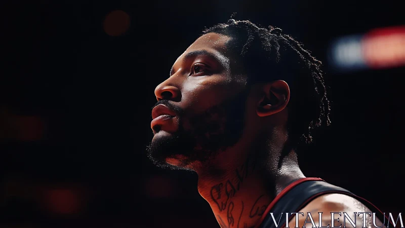 Focused basketball player glowing under arena lights.