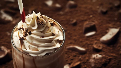 Chocolate milkshake with whipped cream and straw closeup.