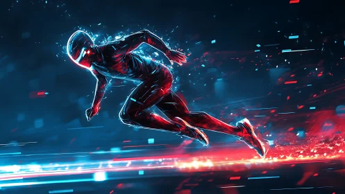 Futuristic runner figure depicted in neon motion blur