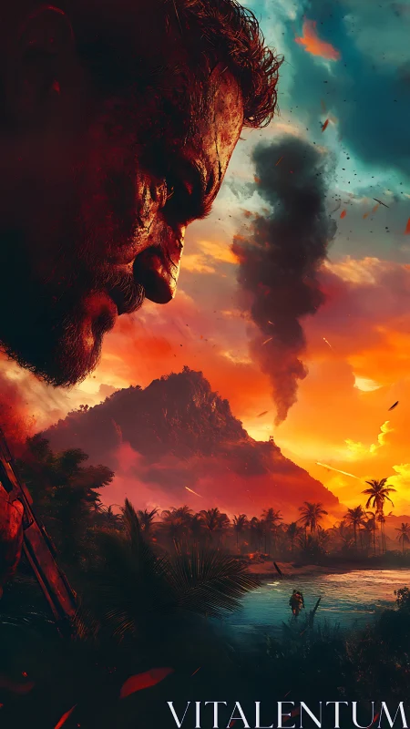 Volcanic warzone portrait over tropical island killzone.