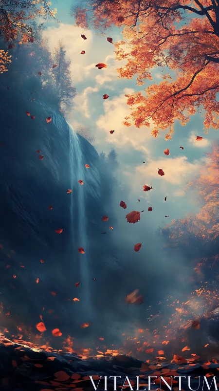 Vertical autumn canyon waterfall with drifting scarlet leaves