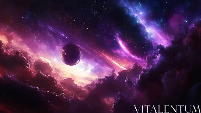 Cosmic nebula vista with eclipsed planet and radiant auroras.