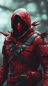 Mysterious crimson wanderer in a stormy forest world.