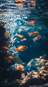 Sunlit goldfish drift gently through a sparkling underwater world
