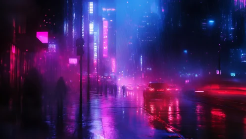 Neon rainstorm drapes a cyberpunk avenue in electric haze.